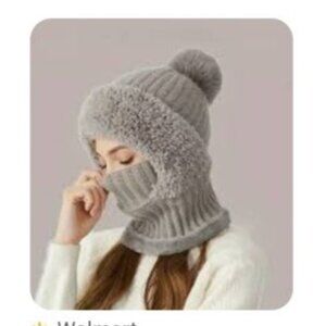 Women's Gray Knit Hat Fleece Lined Winter Scarf Mask Set Snow Caps Plush Earmuff